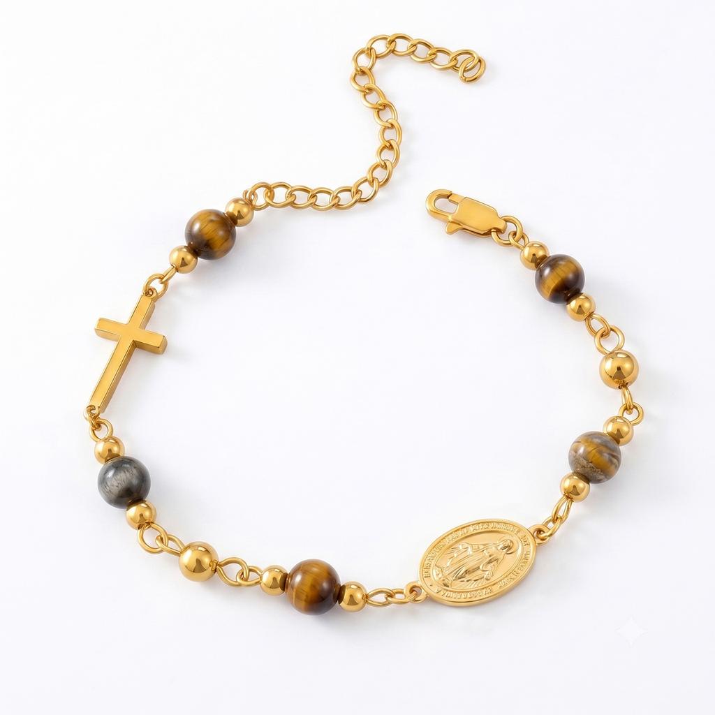 Stainless Steel Virgin Mary Cross Bracelet Natural Stone Beads Catholic Miraculous Medal Jewelry