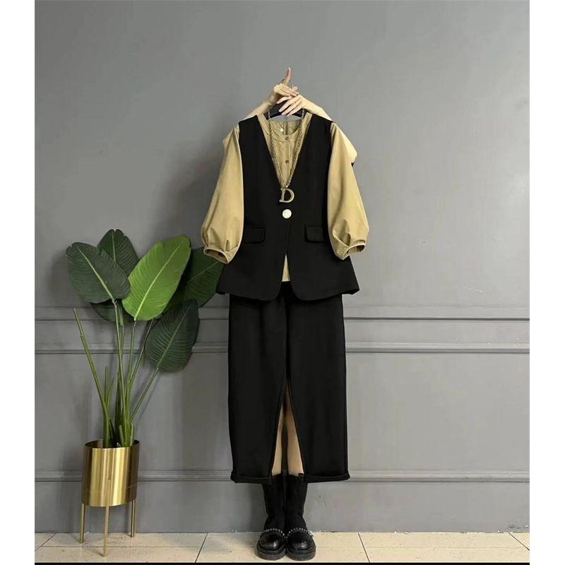 

Plus Size Super Slimming Lantern Sleeve round Neck Fashion Suit Brown three-piece set 3XL
