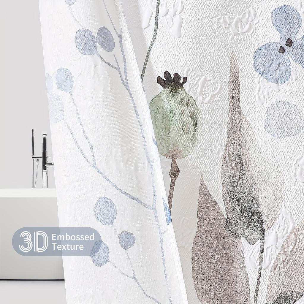 Embossed Butterflies & Watercolor Wildflowers Shower Curtain - Minimalist White, Waterproof Fabric, Textured Design With Hooks