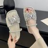2025 New European Flat-bottomed Bow Rhinestone Slippers Women's Cross with Satin Open-toed Fashion Outer Slippers Women
