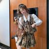 2025 Retro French Sweet Print Vest, Shirt, and Pleated Skirt Set