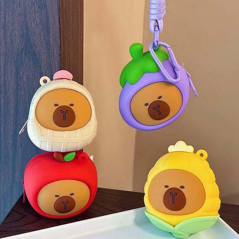 Cartoon Hanging Rope Storage Bag Creative Round Silicone Coin Purse Keychain Earphone Bag  Car Key