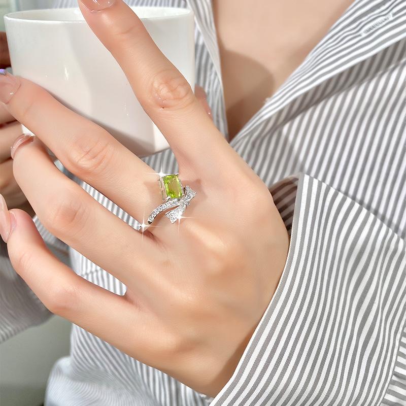 925 Sterling Silver Bowknot Crystal Ring, Adjustable Open Band with Natural Gemstone, Elegant Luxury Women's Jewelry, Perfect Gift
