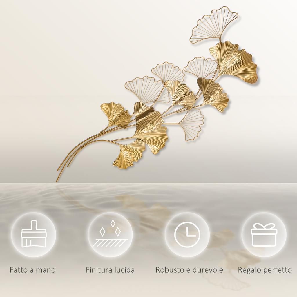 3D Metal Wall Decoration, Golden Wall Art with Ginkgo Leaves 138x70cm
