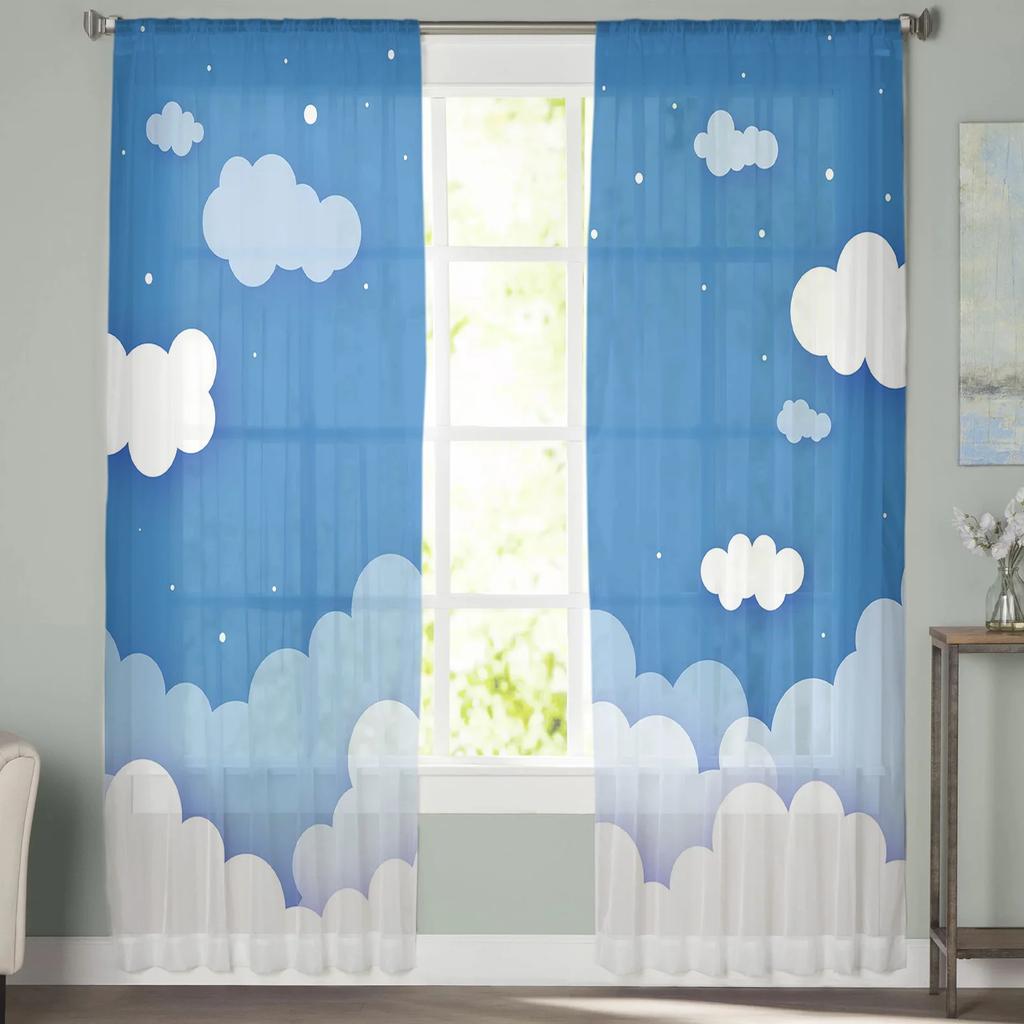 Cartoon Clouds Stars Curtain Living Room Bedroom Voile Drape Kitchen Window Tulle Curtains Home Essentials Light Filtering Made Of Polyester Treatment