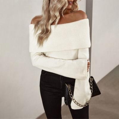 Women Sweater Off Shoulder Long Sleeve Solid Color Knitting Tops Slim Fit Asymmetric Design Pullover Tops Knitwear