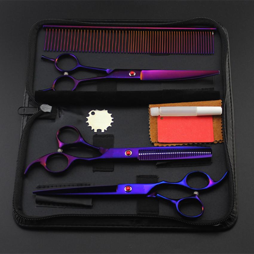 

Professional 4 Kit 7 Inch Purple Pet Grooming Hair Scissors Dog Sissors Comb Thinning Barber Hairshears Hairdressing Scissors