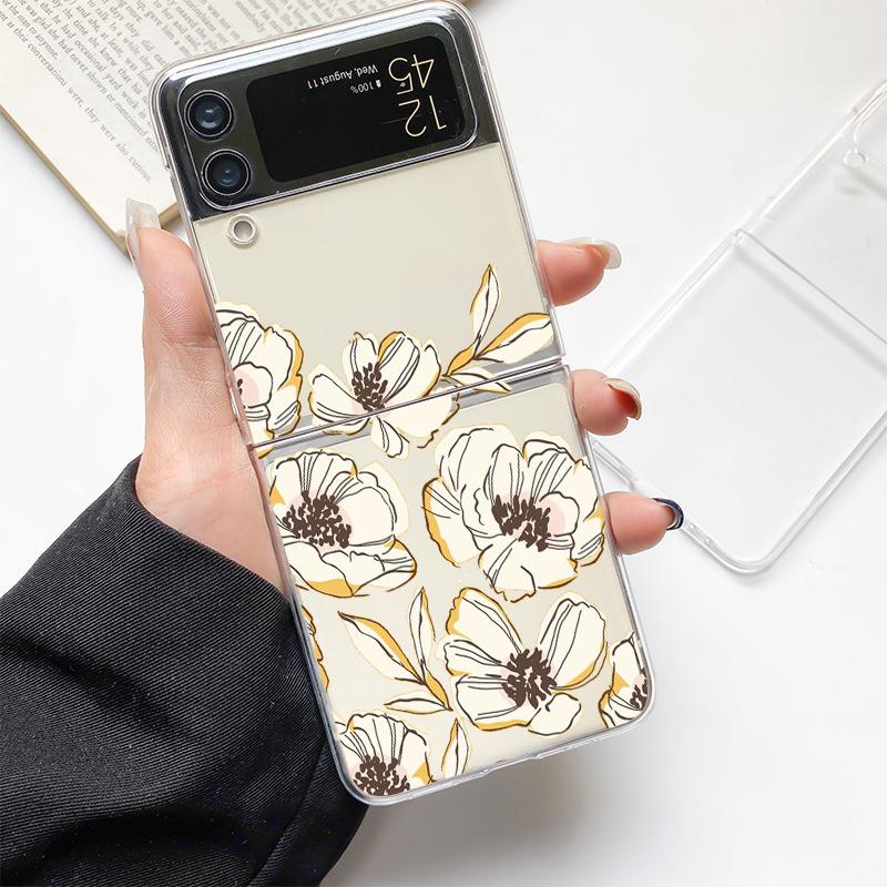 Phone Case For Samsung Galaxy Z Flip 3 4 5 Hard Folding Clear PC Bumper Flower For Samsung Z Flip 6 Back Cover