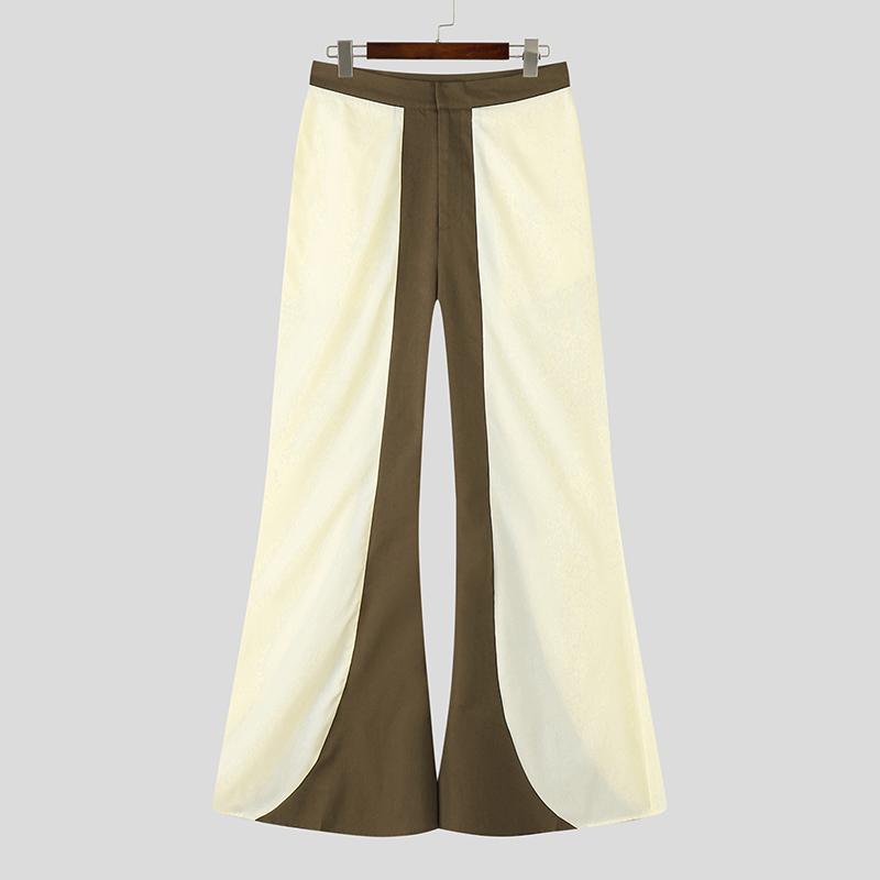INCERUN Men Casual Zipper Waist Stitching Patchwork Loose Flare Pants Trousers