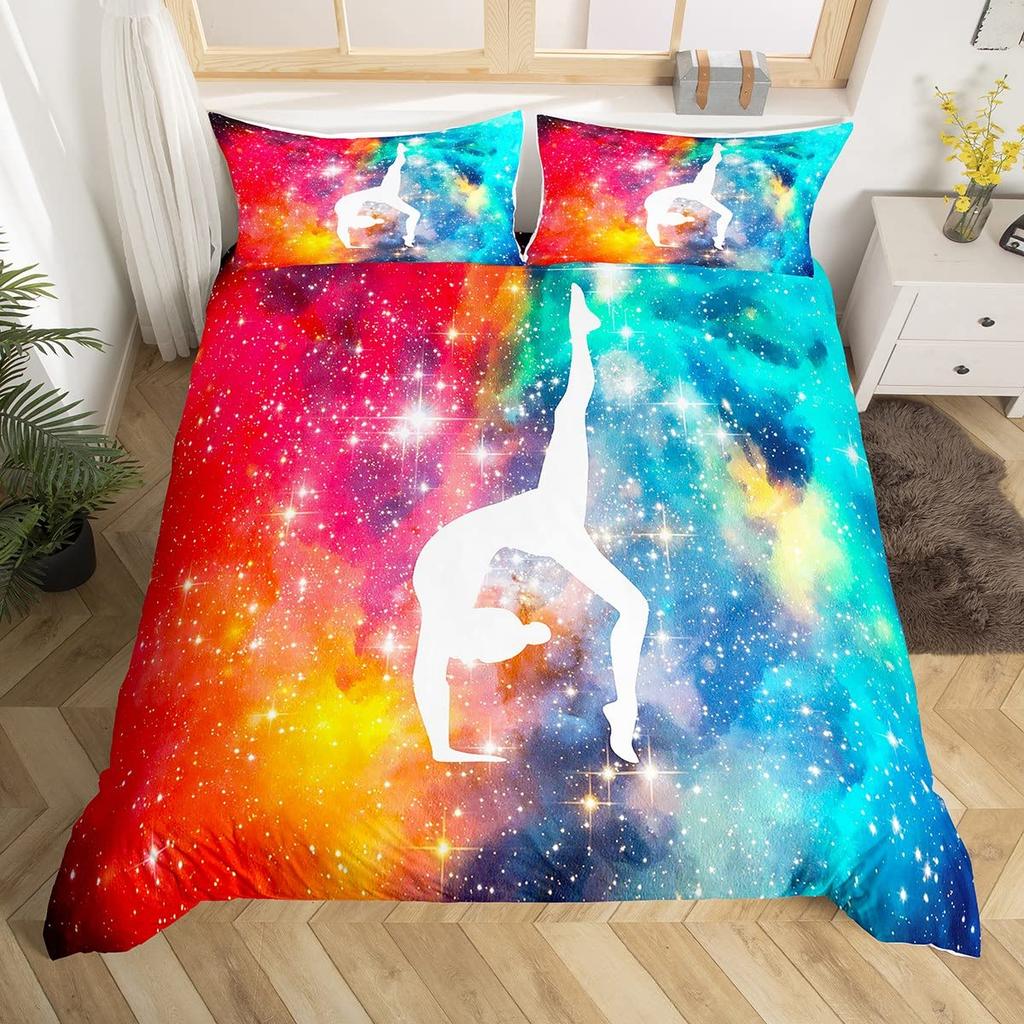 Rainbow Bedding Set for Girls Ballet Duvet Cover Dancing Ballerina Silhouette Comforter Cover Twin Tie Dye Starry Sky Bed Cover