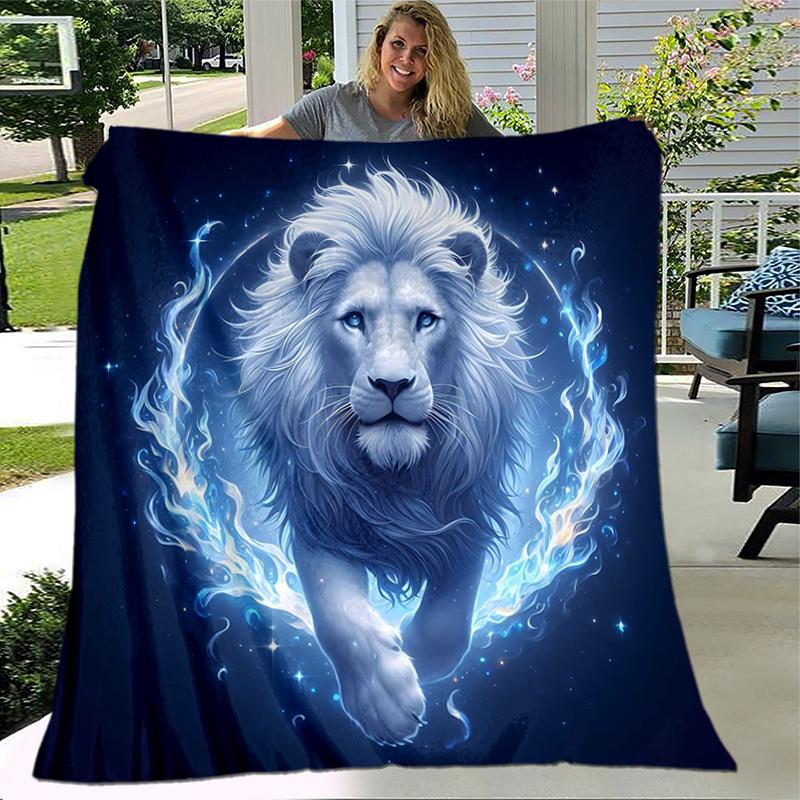 1pc Blue Flame Majesty Lion Blanket Cartoon Throw for Home Decor, Gift Idea, All Seasons Use .K011