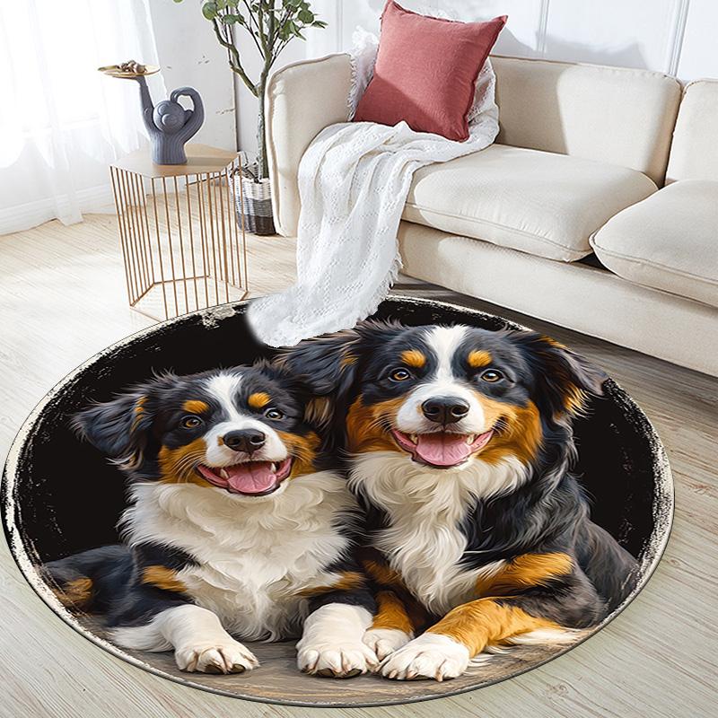 Australian Shepherd Dogs Round Area Rug,Carpet Rug for Living Room Bedroom Sofa Playroom Decor,Non-slip Floor Mat
