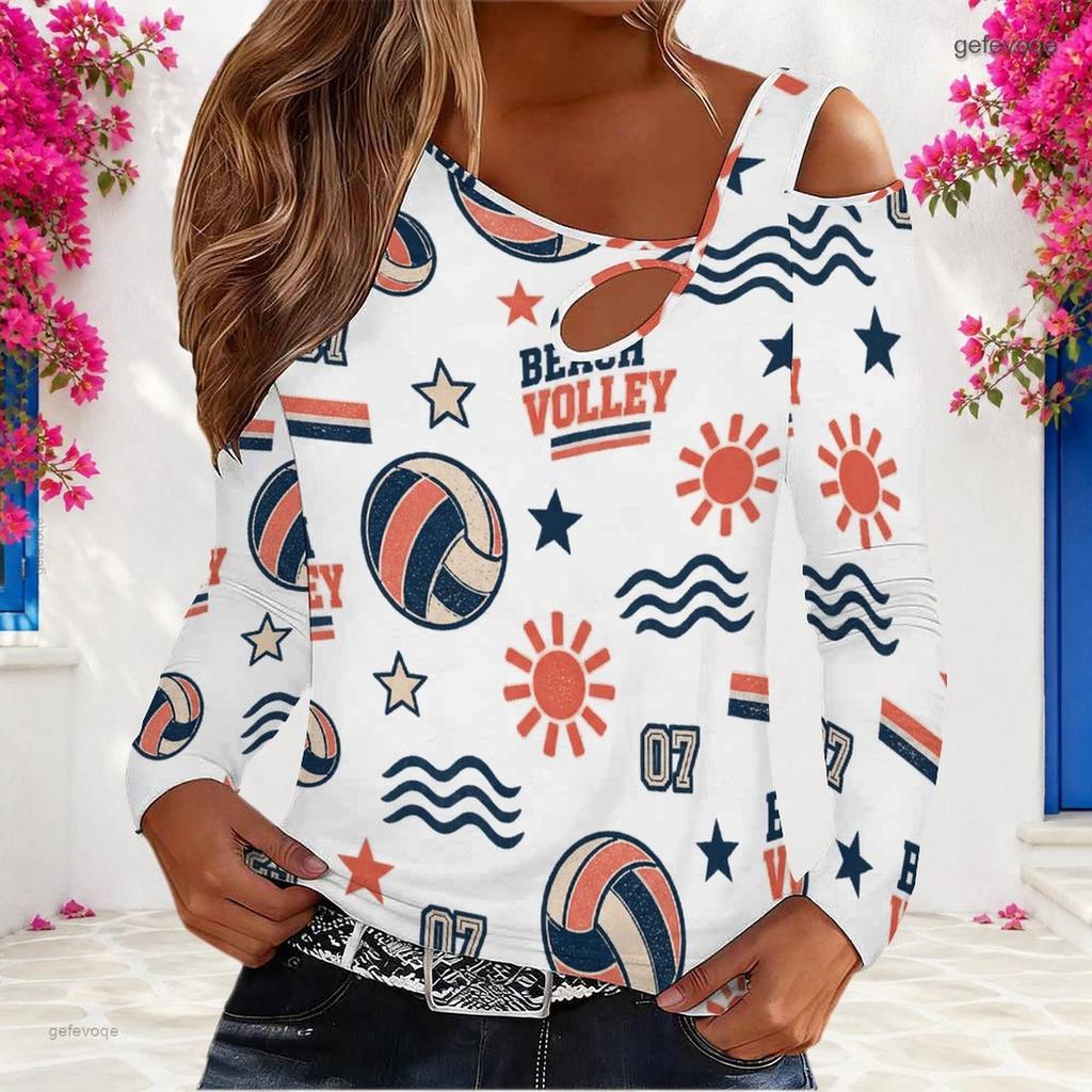 Women Plus Size Asymmetric Cutout Neck Cold Shoulder Long Sleeve Camping Printed Top