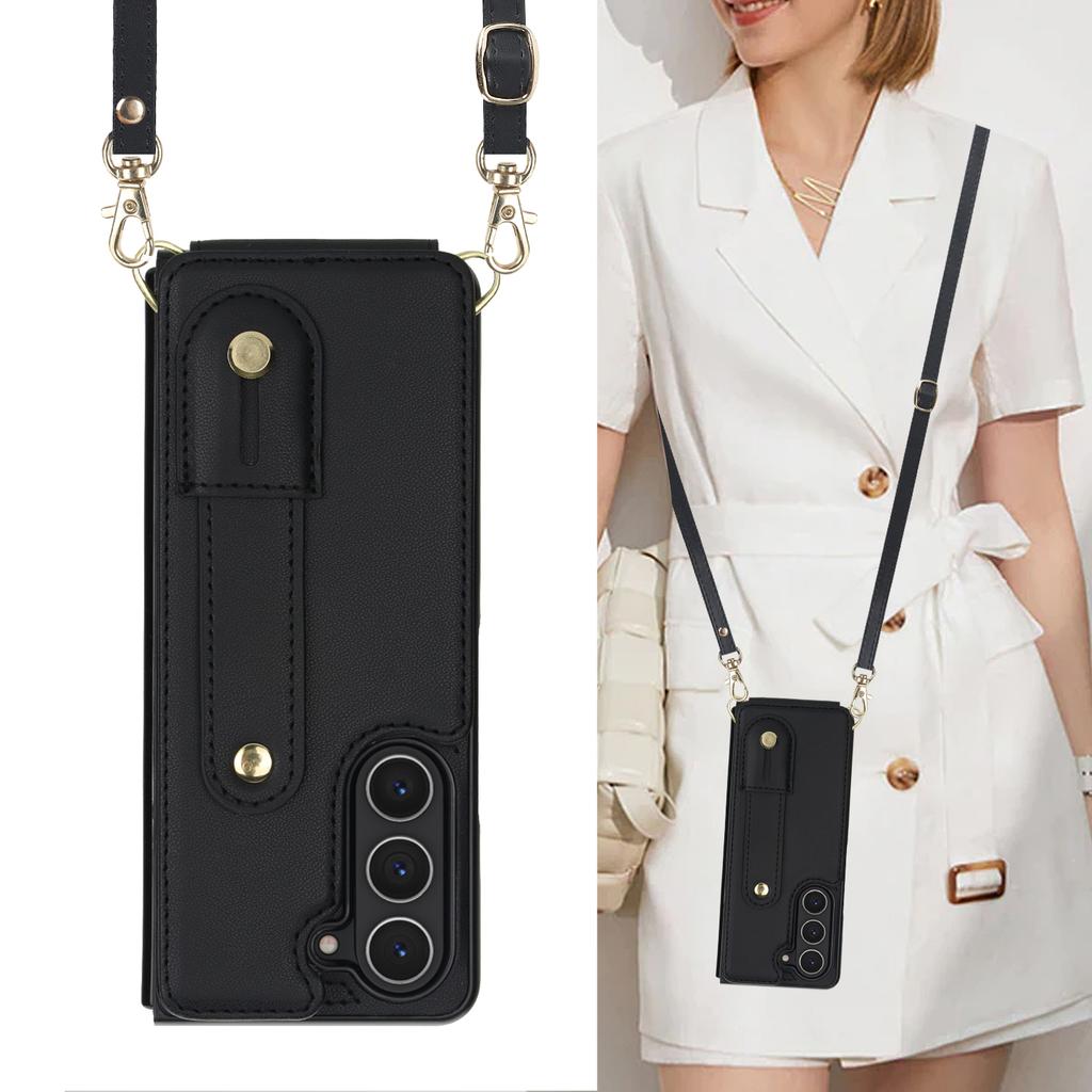 Crossbody Wristband Wallet Leather Case For Samsung Galaxy Z Fold 7 6 5 4 5G Double Magnetic Button Card Slot Wrist Design Cover