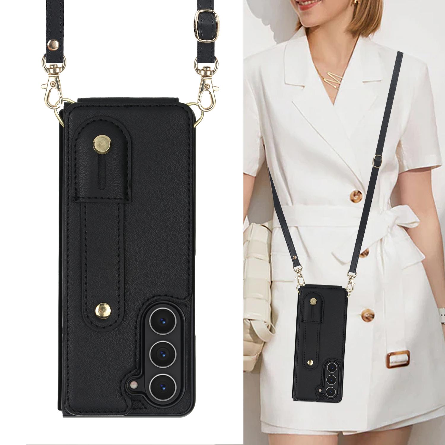 

Crossbody Wristband Wallet Leather Case For Samsung Galaxy Z Fold 7 6 5 4 5G Double Magnetic Button Card Slot Wrist Design Cover Galaxy Z Fold6 чёрный