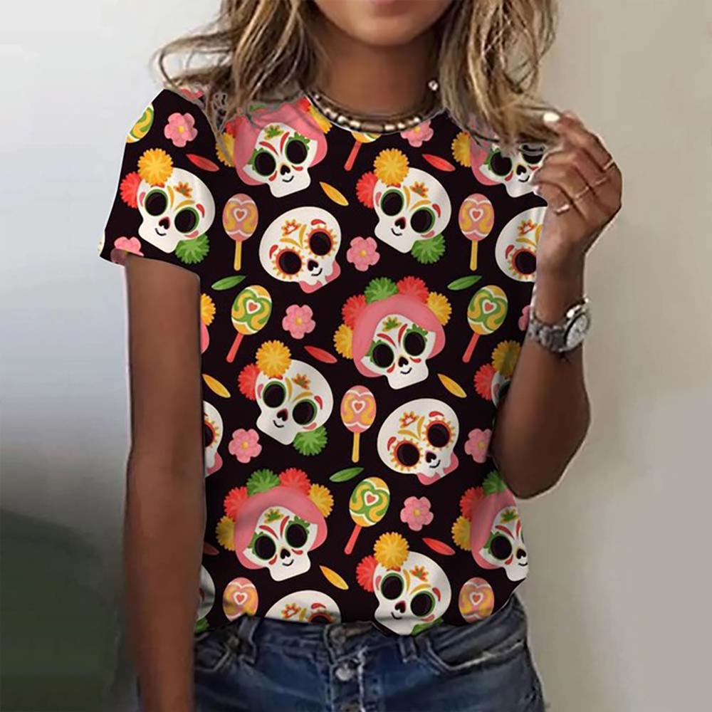 Funny Sugar Skull 3d Print Womens T Shirt Anime Cartoon Anime Mexico Summer Day of the Dead T-shirt For Men Women's Tops