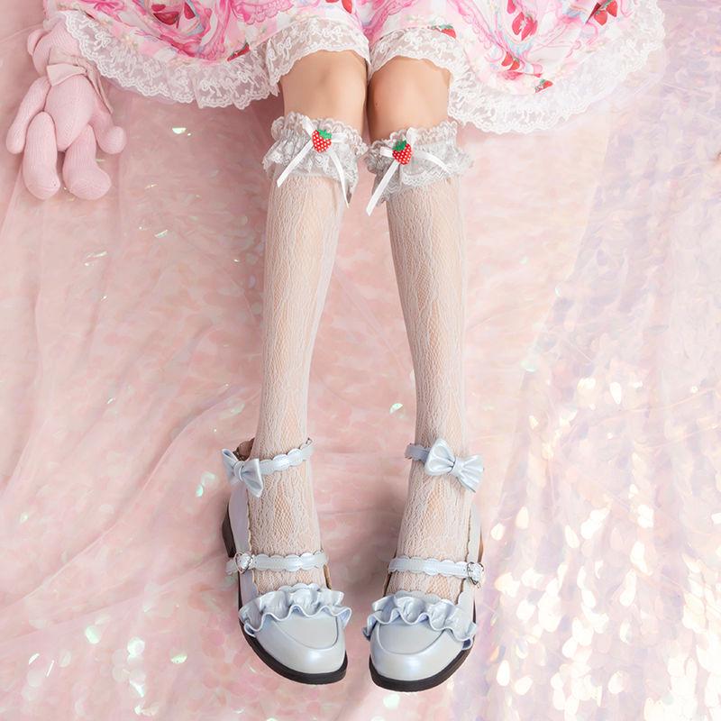 

Японские Лолита Милые Клубничные Бантики Кружева Рюши Гольфы до колена | Девушка Студентка Гольфы до икры для женщин серый