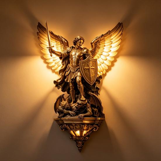 Luminária de Parede Arcanjo Miguel Resina Vintage LED Arandela Gótico Medieval Anjo Guardião Arte de Parede Decorativa para Quarto Sala de Estar Corredor