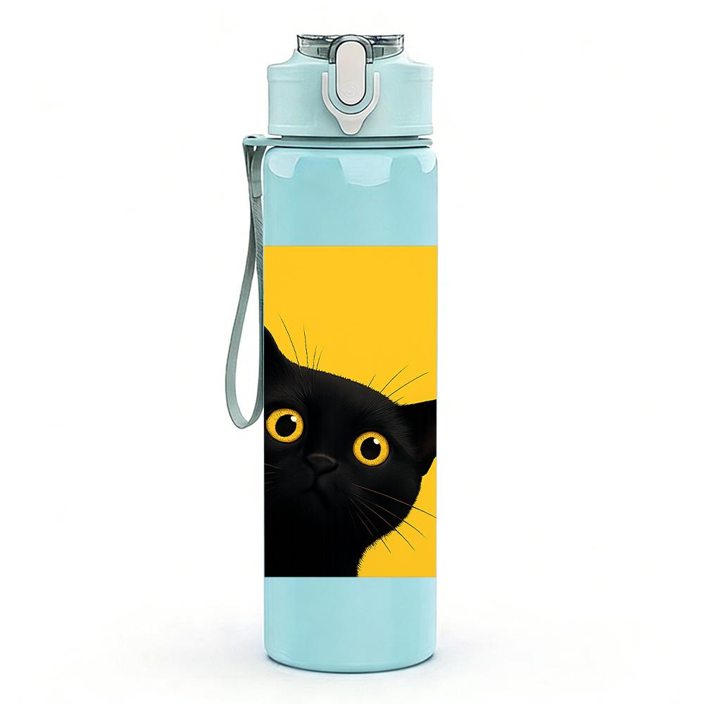 1PC Yellow Background Black Cat 750ml Color Plastic Sports Water Bottle Leakproof Flip Straw Lid For Sports Office Home Use