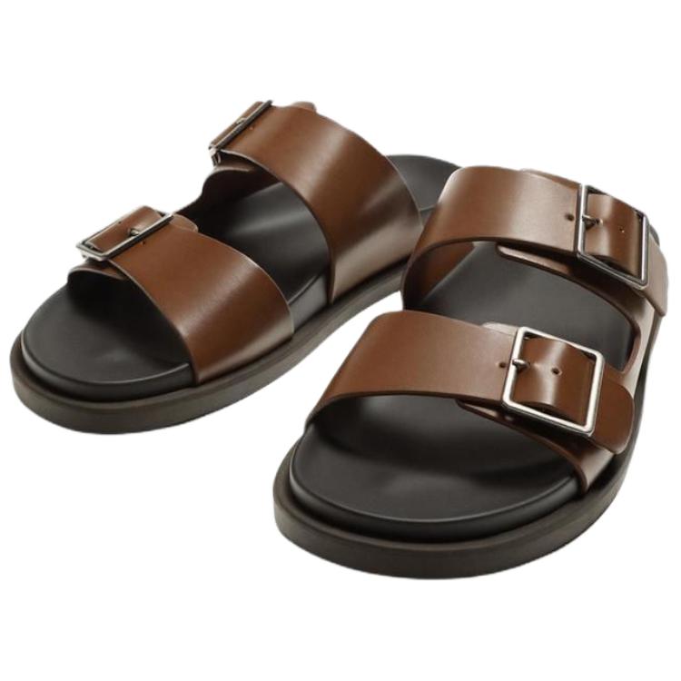 Zara Sandaletten mit offenem Zeh, Doppelriemen, dekorativ, scheuerfest, Herrenschuhe, Dunkelbraun Gelb 2700520709