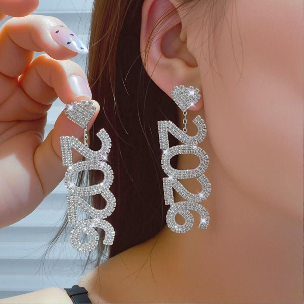 Rhinestone 2026 Stud Earrings Crystal Jewelry Rhinestone Earrings New Year Earrings  Christmas