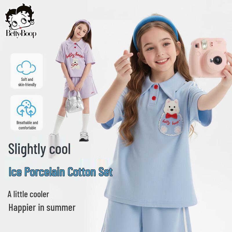 

Летний комплект из ледяного хлопка для девочки с коротким рукавом и шортами 120 cm