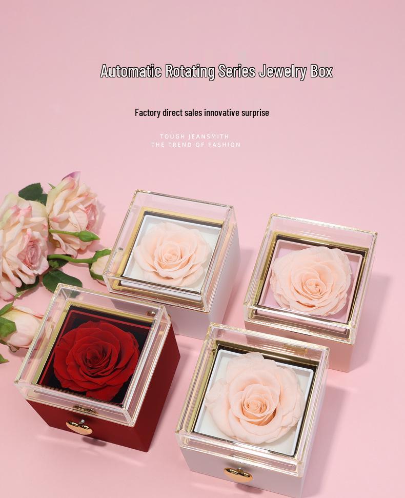 Luxury Rotating Acrylic Jewelry Box with Preserved Rose, Teddy Bear, and Birthday Cake Design
