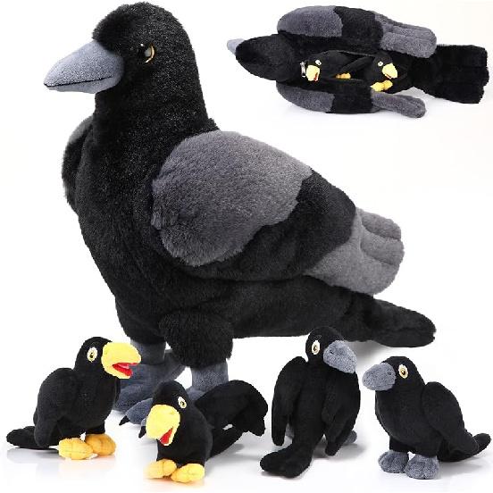 HyDren 5 Pcs Crow Plush Stuffed Animal Black Bird Plush Stuffed Animal Toy 14 Inch Large Realistic Mommy Bird Plush with 4 Small Babies Plushies in