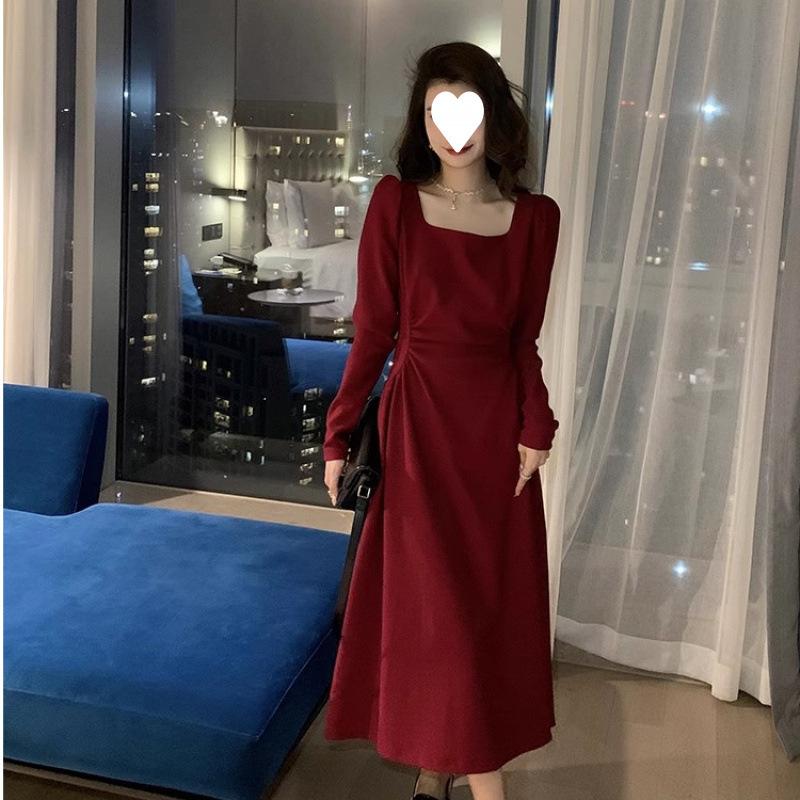 Red dress women's long-sleeved engagement dress can be worn daily Hepburn small red dress high-end temperament autumn and winter