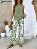 Summer New Casual Fashion Printed Sleeveless Women's Clothing Set Double Layer Backless Pure Color with Printed Set