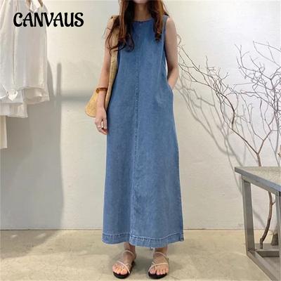 Sommer Damen Kleid Plus Größe Mode Rundhals ärmellose Taschen lose lange Weste Denim Kleider