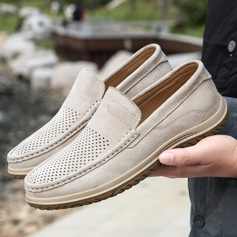Hollow Out Summer Loafers Luxury Genuine Leather Mens Shoe Suede Male Casual Shoes Breathable Soft Driving Shoes Walking Shoes