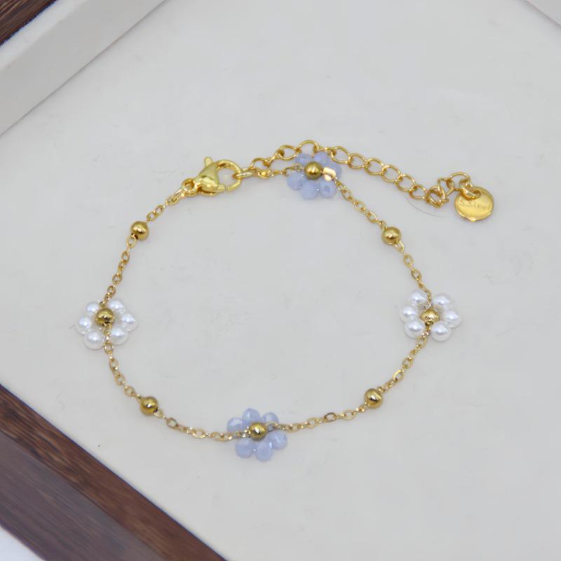 Elegant 18K Gold Beaded Necklace & Flower Bracelet in Titanium Steel