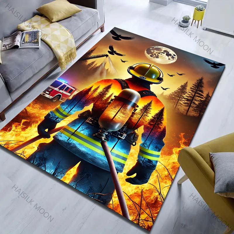 1PC Firefighter with forest fire Pattern Rug Carpets for Bedroom Living Room Sofa Mat Creative Door Mat Cloakroom Home Decor