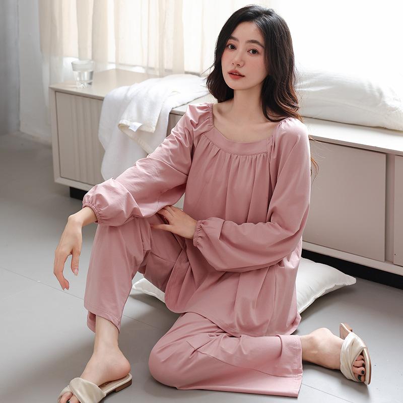 

Pajamas with chest pads women s pure cotton new spring and autumn long sleeves loose and high-end sense can be worn outside loungewear set M recommended 40-50kg