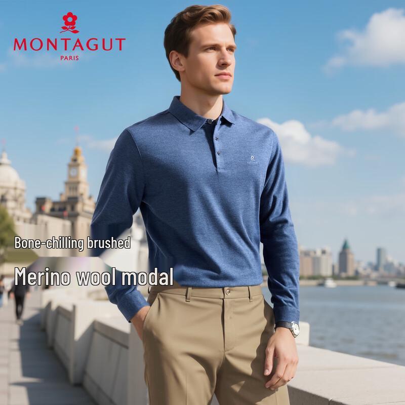 MONTAGUT Men's Merino Wool Blend Long Sleeve Polo Shirt