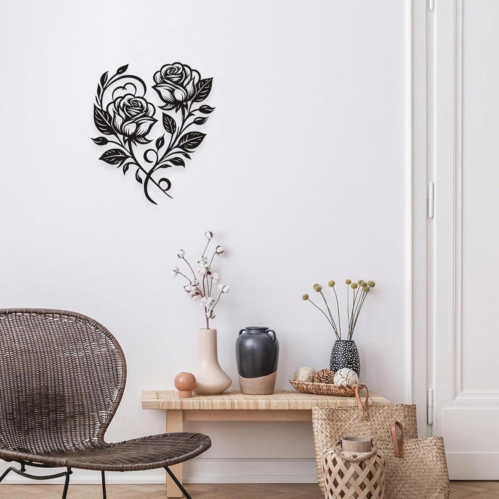 Wrought Iron Rose Heart Wall Art Black Metal Flower Home Decor Romantic 12.6x11 Inch For Living Room Bedroom Outdoor Valentine Gift