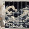 Japanese Anime Shower Curtain, Oriental Asian Funny Sea Waves Retro Clouds Stars Bathroom Curtains Decor Set, Black White
