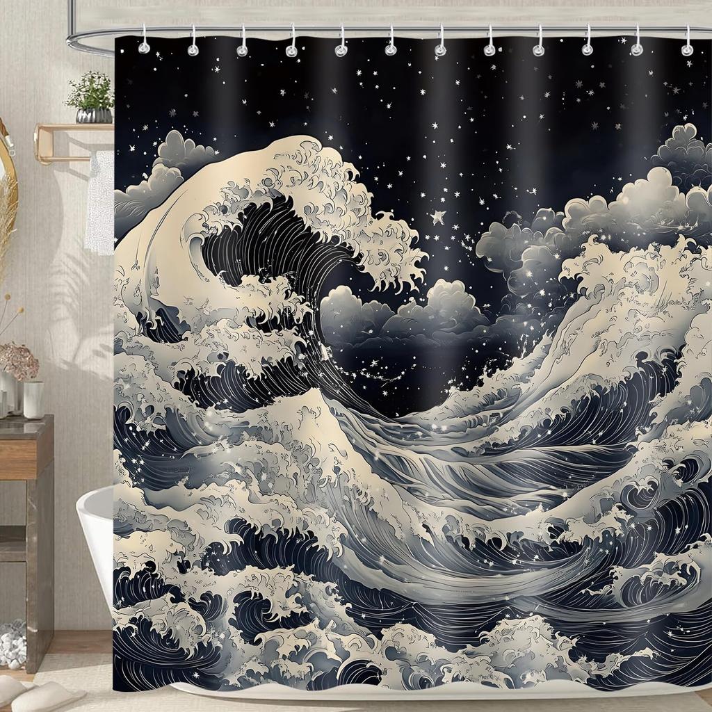 Japanese Anime Shower Curtain, Oriental Asian Funny Sea Waves Retro Clouds Stars Bathroom Curtains Decor Set, Black White