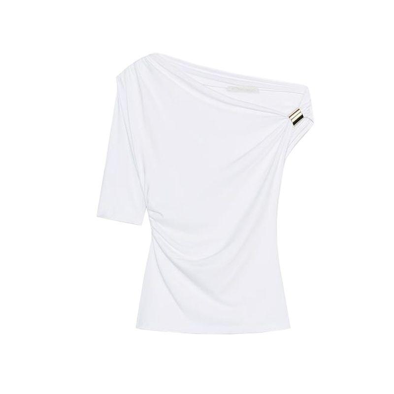 Spring and Summer New Women's Clothing Short Sleeve Multi-Color Selection Pure Color Chinlon Blended Asymmetric Minimalist Tops 1026164