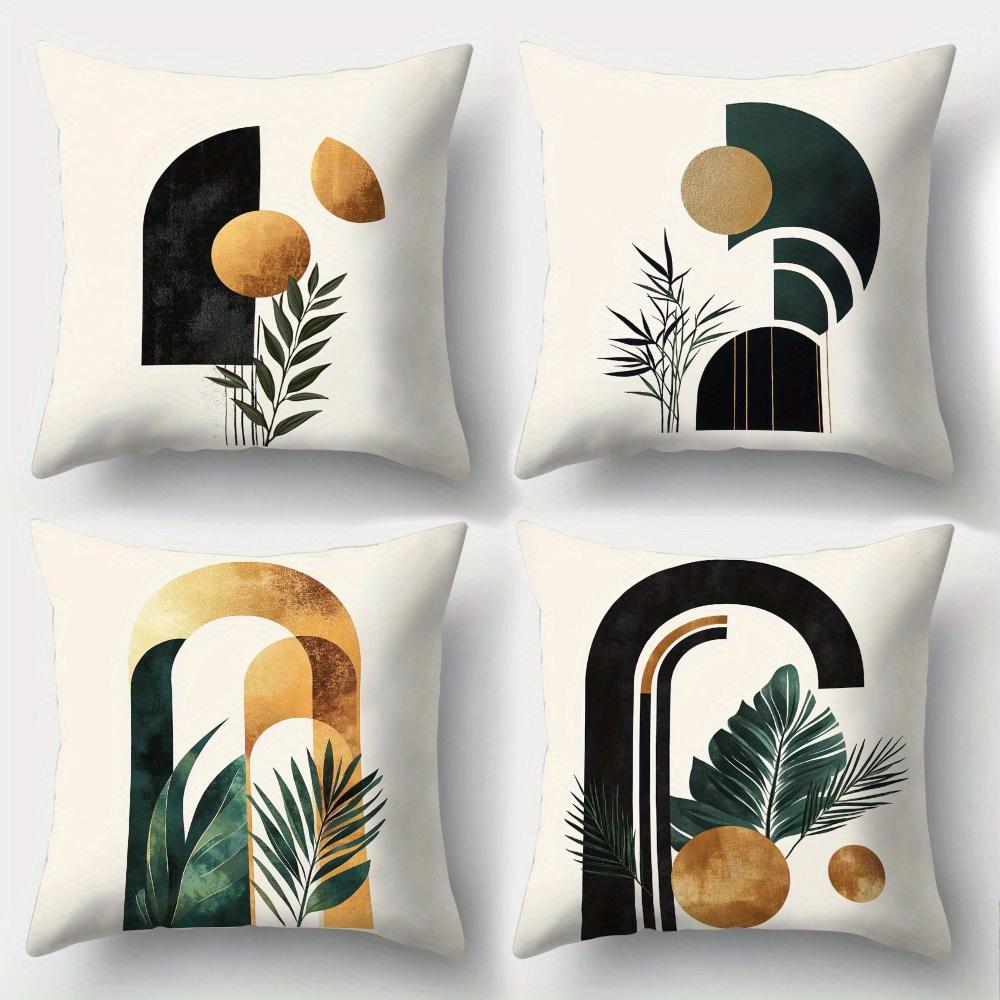 Mid-Century Modern Geometric Arch Throw Pillow Covers Emerald Green & Gold Foil Plant Print Cushion Cases, Minimalist Home Decor
