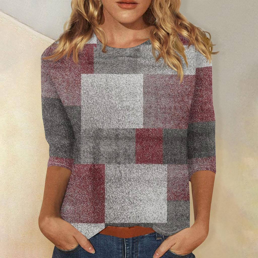 Women's Fashion Casual Three-quarter Sleeve  Printed Round Neck Top
