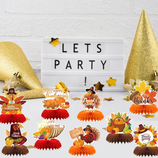 9 Pcs Fall Honeycomb Centerpieces Thanksgiving Paper Pumpkin Maple Leaf Turkey 3D Honeycomb Table Decoration for Autumn Harvest Party Favors