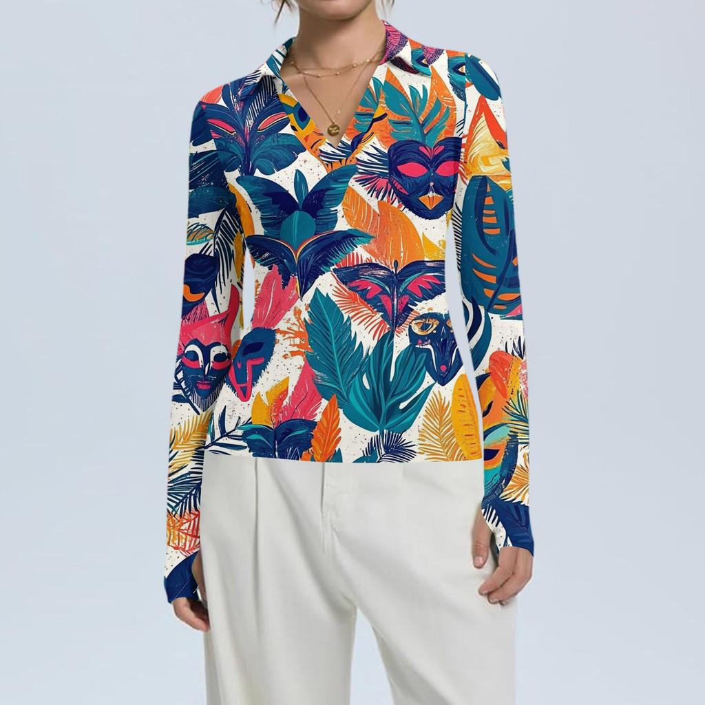 Damenmode Lässig Bedruckt V-Ausschnitt Langarm Knopfleiste Oberteil