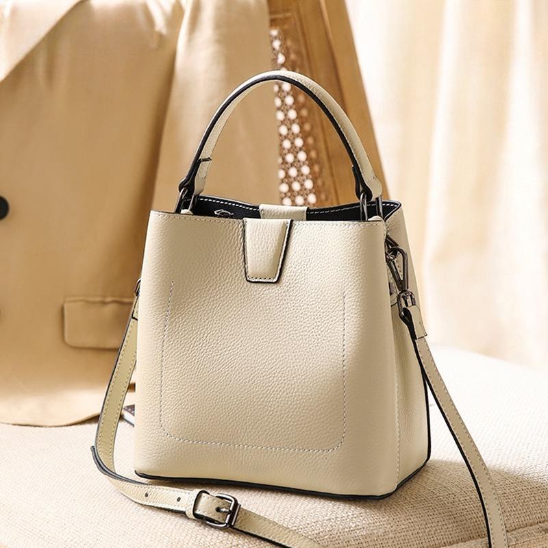 Fashi Bucket Bag, Simple Handbag, Leather Hundred Shoulder Crossbody Bag, Head Layer Cowhide Women's Bag