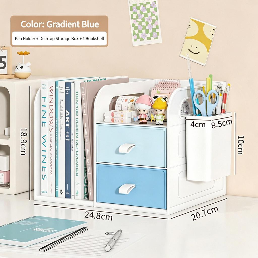 Desktop Bookshelf Organizer with Drawers and Pen Holder Desk Storage Caddy for Office Supplies Books Stationery Home Office School Dorm Desk Organizer