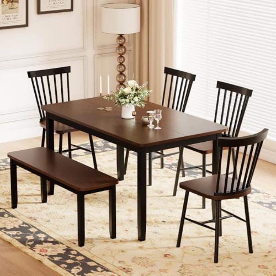 Solid Wood 6 Pcs Dining Table Set, Modern 58"/W Kitchen Table Set for 6 with 4 s and 1 Bench, Kitchen and Dining Room Sets for