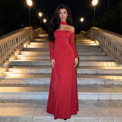 2025 Women's European & American Solid Color Strapless Long Sleeve Slim Dress - Sexy Waist-Cinched Autumn/Winter Fashion