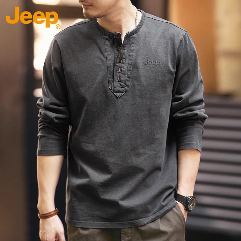 JEEP Men s Autumn/Winter Henley Heavy Long Sleeve T-Shirt 3XL