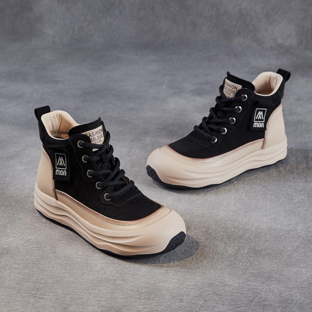 Genuine Leather Thick-soled Color-blocked Ankle Boots Lace-up Sports Casual Shoes High-top Fashion Sneakers